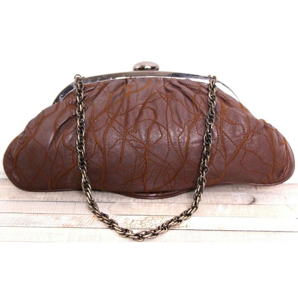 INGE PATCHWORK BROWN GENUINE LEATHER FRAME CHAIN HANDBAG SHOULDER BAG CLUTCH - Picture 2 of 10